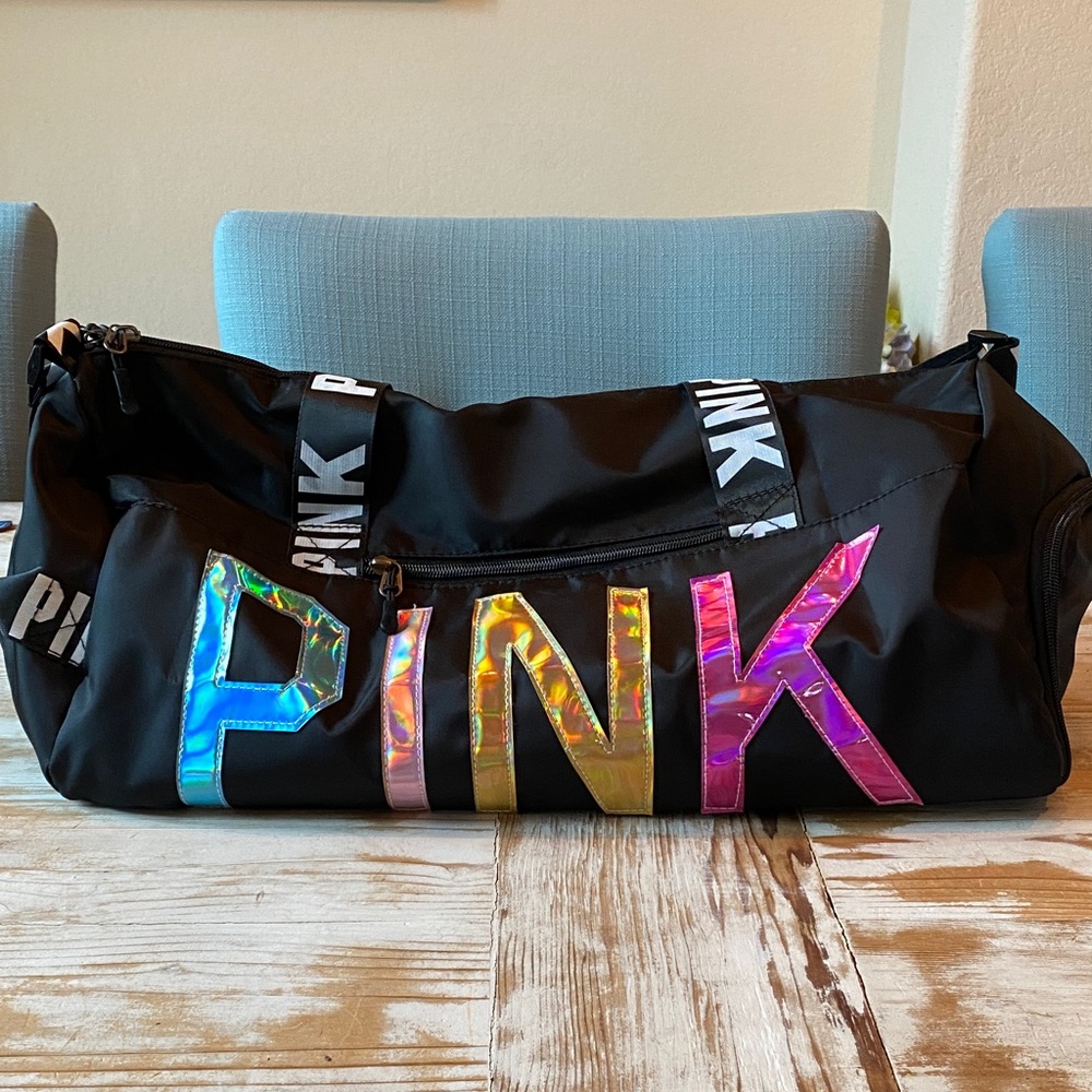 PINK Victoria's Secret Black Duffle with Holographic Lettering